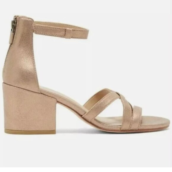 Eileen Fisher Jazzy Heel Sandals  Gold Platinum Leather Block Strap 9 - Picture 3 of 16